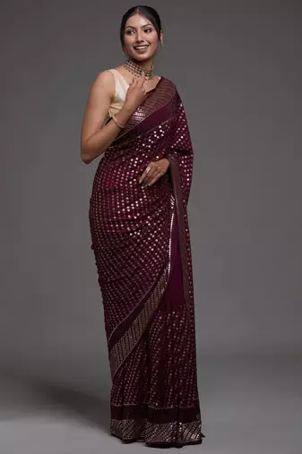 Incredible Maroon Sequins Embroidered with Swarovski work Georgette Saree With Blouse
