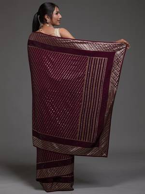 Incredible Maroon Sequins Embroidered with Swarovski work Georgette Saree With Blouse 5