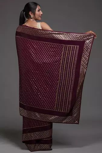 Incredible Maroon Sequins Embroidered with Swarovski work Georgette Saree With Blouse