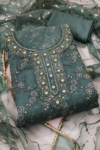 Women's turquoise grey unstitched sequence embroidery organja dress material 