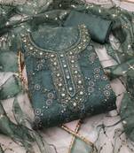 Women's turquoise grey unstitched sequence embroidery organja dress material 