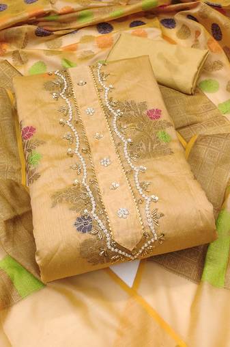 Women's beige unstitched designer weaving and fancy handwork banarasi dress material 