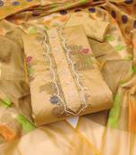 Women's beige unstitched designer weaving and fancy handwork banarasi dress material 