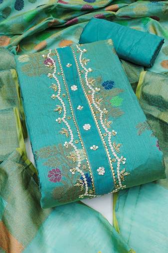Women's teal blue unstitched fancy handwork banarasi dress material 