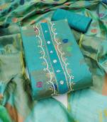 Women's teal blue unstitched fancy handwork banarasi dress material 