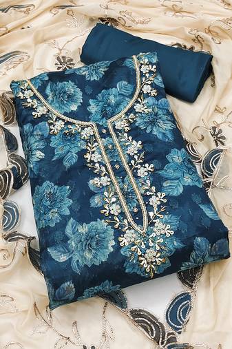 Women's blue unstitched fancy handwork banarasi viscose dress material 