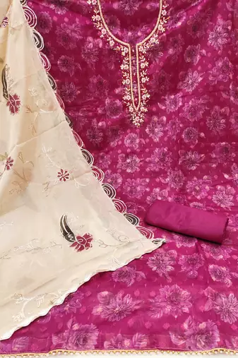 Women's magenta fancy handwork banarasi viscose dress material