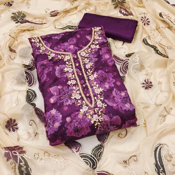 Women's purple fancy handwork banarasi viscose dress material 1