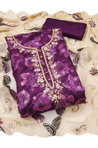 Women's purple fancy handwork banarasi viscose dress material