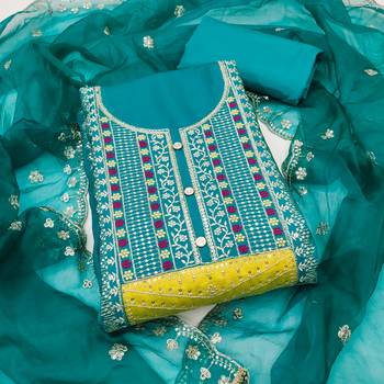 Women's teal blue sequence embroidery roman cotton silk dress material 1