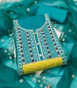 Women's teal blue unstitched sequence embroidery roman cotton silk dress material 