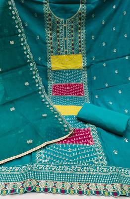 Women's teal blue sequence embroidery roman cotton silk dress material 2
