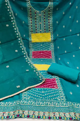 Women's teal blue sequence embroidery roman cotton silk dress material