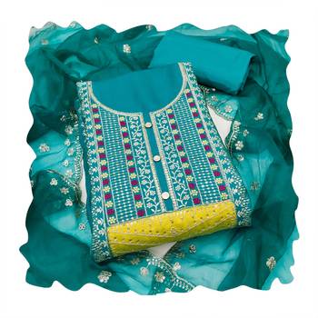 Women's teal blue sequence embroidery roman cotton silk dress material 4
