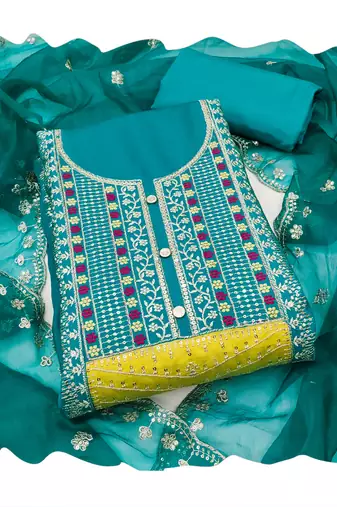 Women's teal blue sequence embroidery roman cotton silk dress material