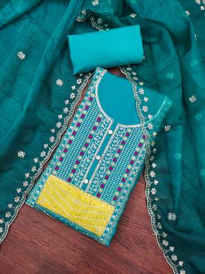 Women's teal blue sequence embroidery roman cotton silk dress material 5