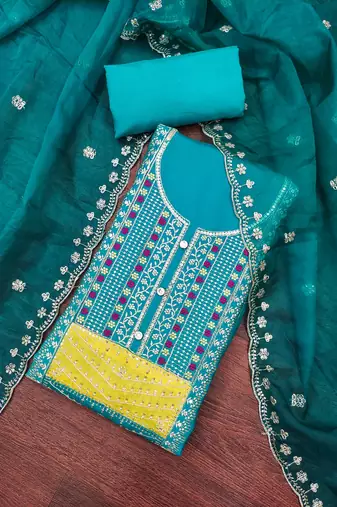 Women's teal blue sequence embroidery roman cotton silk dress material