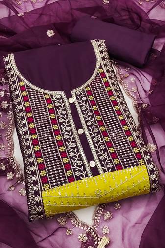 Women's purple unstitched sequence embroidery roman cotton silk dress material 