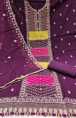 Women's purple sequence embroidery roman cotton silk dress material 2