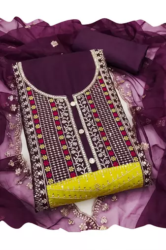Women's purple sequence embroidery roman cotton silk dress material