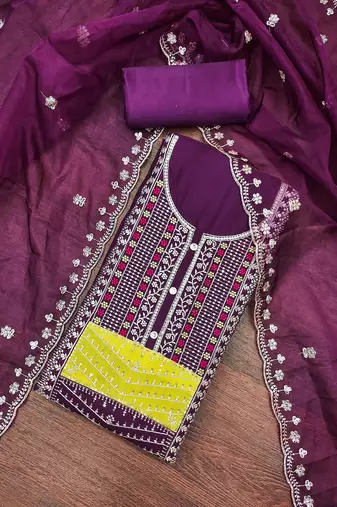 Women's purple sequence embroidery roman cotton silk dress material
