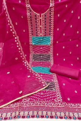 Women's pink sequence embroidery roman cotton silk dress material 2