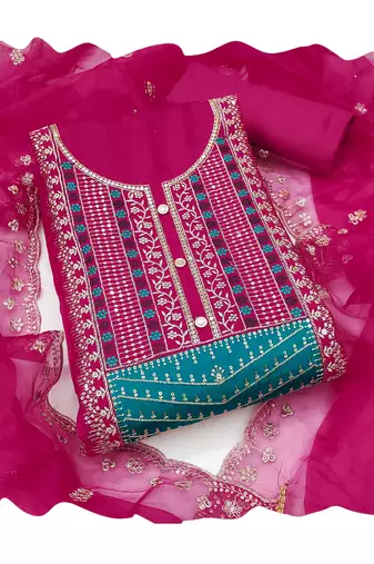 Women's pink sequence embroidery roman cotton silk dress material