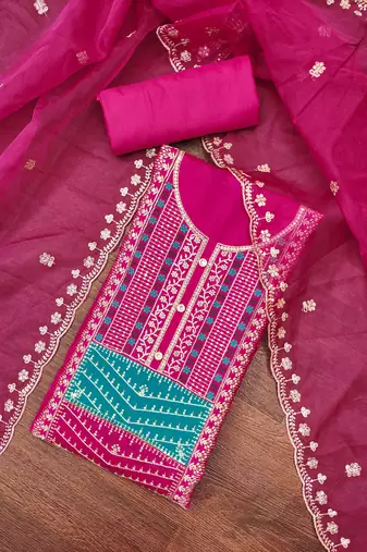 Women's pink sequence embroidery roman cotton silk dress material
