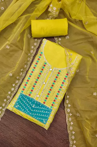 Women's mustered sequence embroidery roman cotton silk dress material
