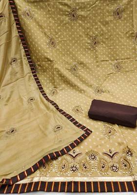 Women's beige heavy thread zari embroidery roman cotton silk dress material 2