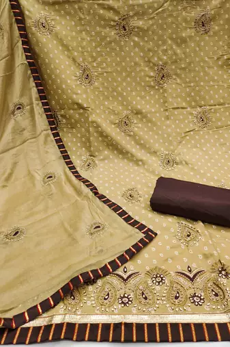 Women's beige heavy thread zari embroidery roman cotton silk dress material