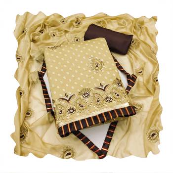 Women's beige heavy thread zari embroidery roman cotton silk dress material 4