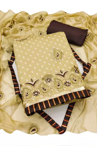 Women's beige heavy thread zari embroidery roman cotton silk dress material