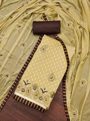 Women's beige heavy thread zari embroidery roman cotton silk dress material 5