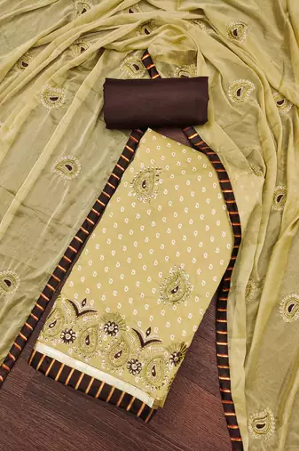 Women's beige heavy thread zari embroidery roman cotton silk dress material
