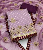 Women's purple unstitched thread zari embroidery roman cotton silk dress material 