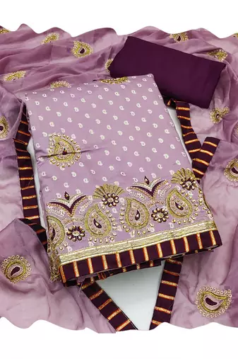 Women's purple thread zari embroidery roman cotton silk dress material