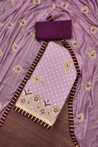 Women's purple thread zari embroidery roman cotton silk dress material