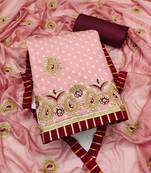 Women's peach unstitched heavy thread zari embroidery roman cotton silk dress material 