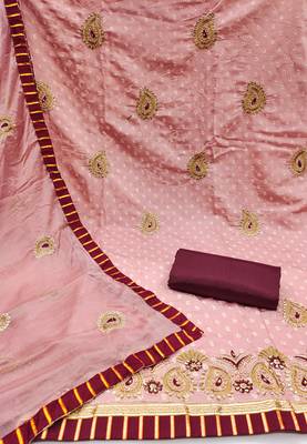 Women's peach heavy thread zari embroidery roman cotton silk dress material 2
