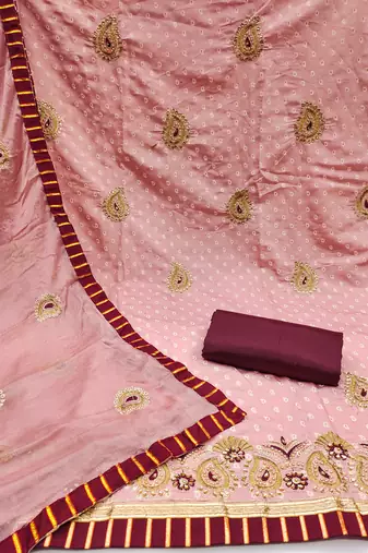 Women's peach heavy thread zari embroidery roman cotton silk dress material