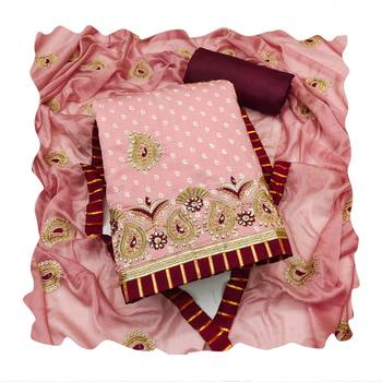 Women's peach heavy thread zari embroidery roman cotton silk dress material 4