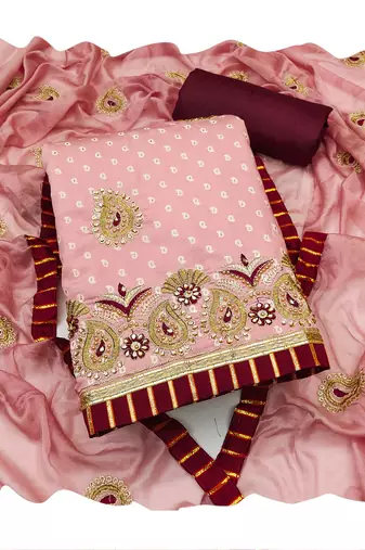 Women's peach heavy thread zari embroidery roman cotton silk dress material