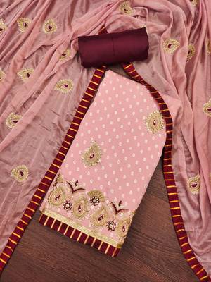 Women's peach heavy thread zari embroidery roman cotton silk dress material 5