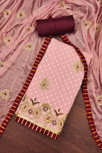 Women's peach heavy thread zari embroidery roman cotton silk dress material