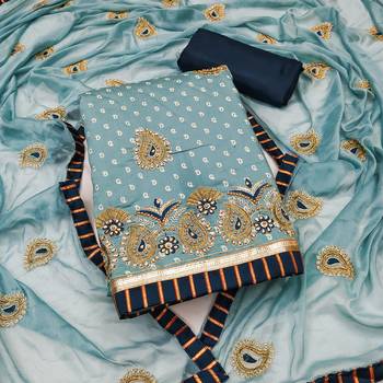 Women's sea green thread zari embroidery roman cotton silk dress material 1