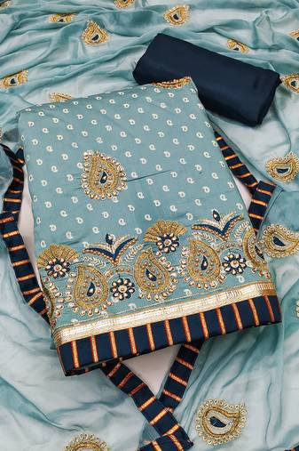 Women's sea green unstitched thread zari embroidery roman cotton silk dress material 