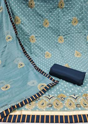 Women's sea green thread zari embroidery roman cotton silk dress material 2