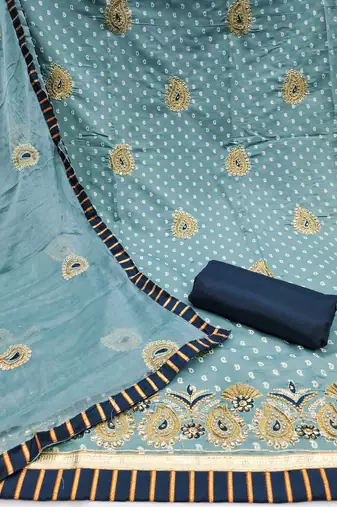 Women's sea green thread zari embroidery roman cotton silk dress material