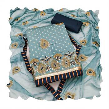 Women's sea green thread zari embroidery roman cotton silk dress material 4